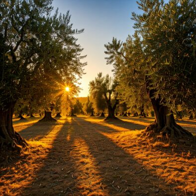 Viale di ulivi secolari illuminato dalla luce dorata del tramonto, con lunghe ombre sul terreno in una campagna pugliese