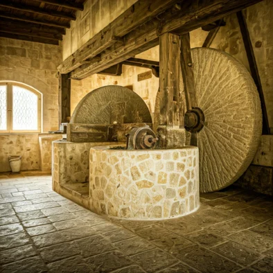 Frantoio storico in pietra con grandi macine tradizionali per la produzione dell’olio d’oliva nella campagna pugliese