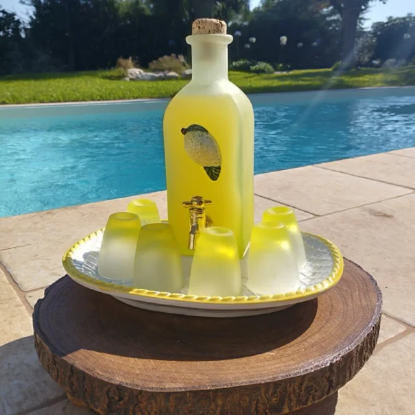 Kit limoncello con bicchierini artigianali accanto alla piscina privata di Villa Agapanthus a Monopoli, per momenti di relax autentico