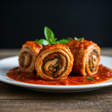 Piatto con braciola pugliese servita su sugo di pomodoro e guarnita con basilico fresco, simbolo della cucina tradizionale