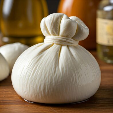 Burrata pugliese fresca su tagliere di legno con bottiglie di olio sullo sfondo, simbolo della tradizione gastronomica locale