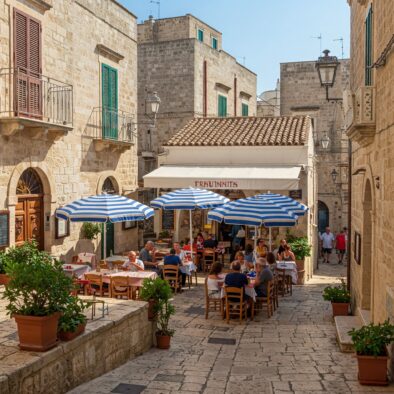 Piazzetta con tavolini all’aperto e edifici in pietra chiara nel centro storico di Monopoli in una giornata estiva