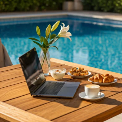 Laptop acceso su tavolo in legno con caffè e cornetti a bordo piscina, ideale per smart working in villa