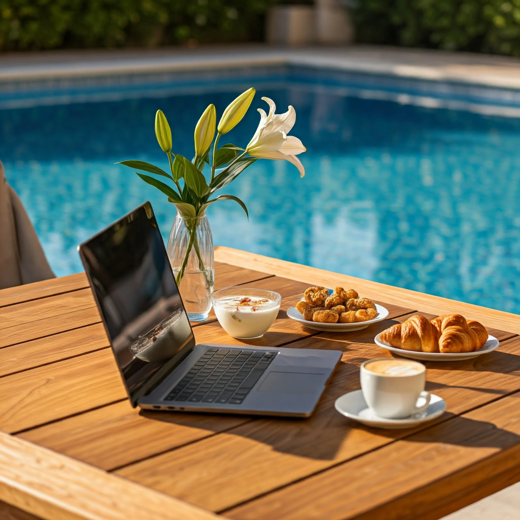 Laptop acceso su tavolo in legno con caffè e cornetti a bordo piscina, ideale per smart working in villa
