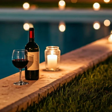 Bottiglia di vino rosso, bicchiere e candele accese sul bordo piscina di sera, atmosfera intima e rilassante in villa