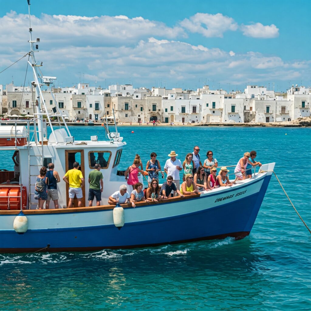 Barca da pesca tradizionale con persone a bordo in escursione, sullo sfondo un borgo costiero pugliese