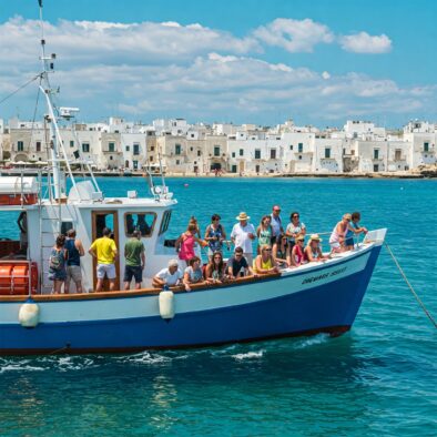 Barca da pesca tradizionale con persone a bordo in escursione, sullo sfondo un borgo costiero pugliese