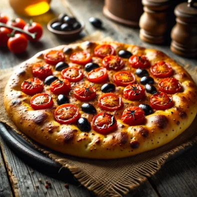 Focaccia barese con pomodorini, olive nere e olio extravergine su carta rustica, simbolo dello street food pugliese
