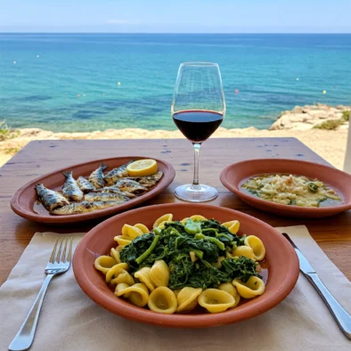 Piatti di cucina pugliese con orecchiette, frutti di mare e vino rosso serviti su tavolo vista mare Adriatico