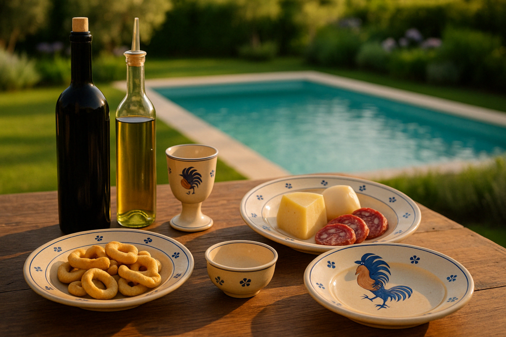 Tavolo rustico con prodotti tipici pugliesi e piatti in ceramica artigianale, vista piscina e giardino mediterraneo al tramonto – Villa Agapanthus.