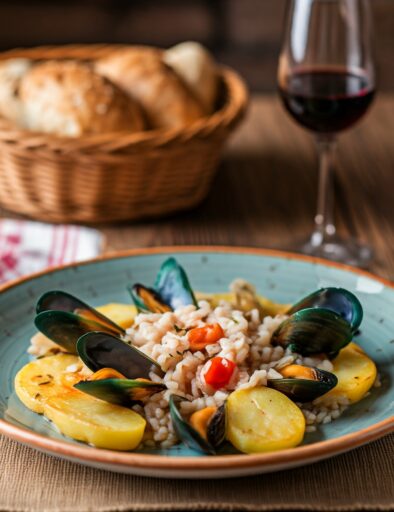 Piatto di riso, patate e cozze servito con pane pugliese e bicchiere di vino rosso su tavolo rustico