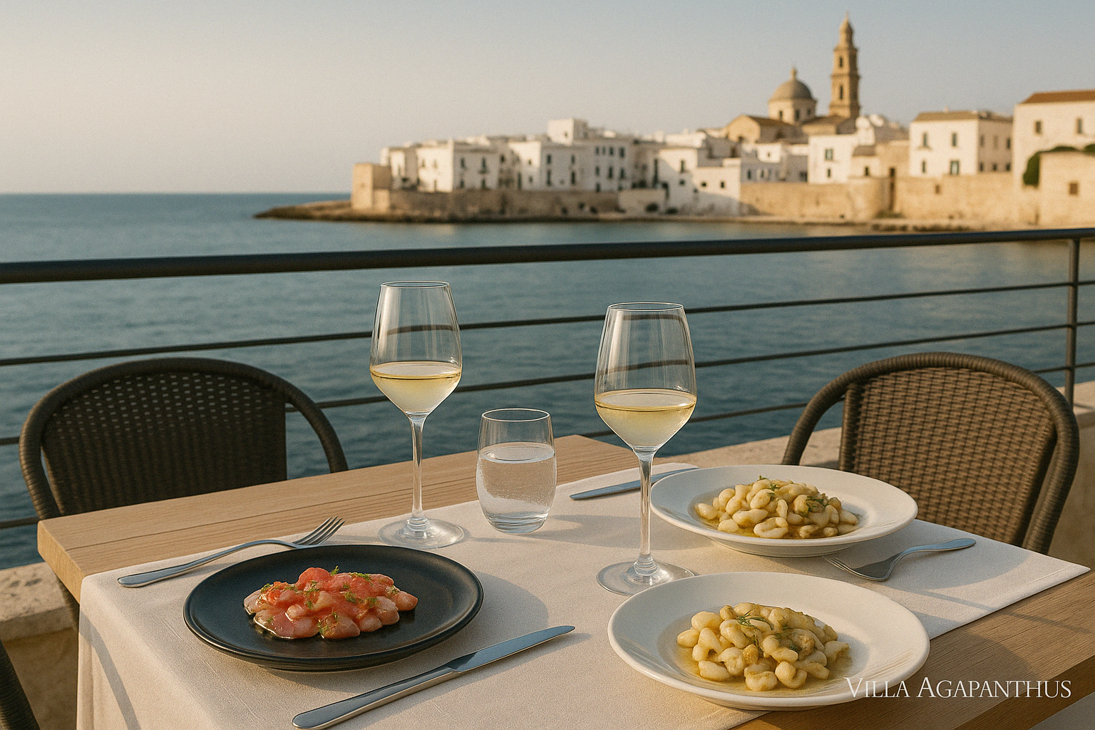 Cena vista mare a Monopoli con piatti tipici pugliesi e vino bianco, ideale per una vacanza enogastronomica da Villa Agapanthus