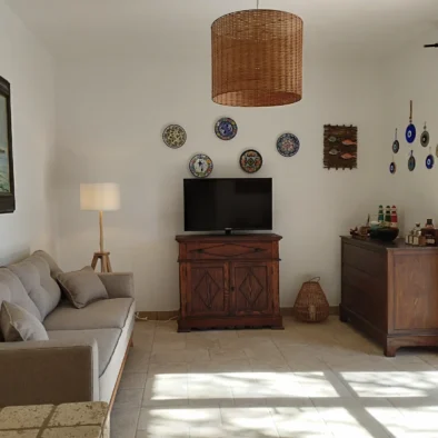 Salotto della Villa Agapanthus con divano, mobili in legno, decorazioni in ceramica e luce naturale