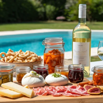 Formaggi pugliesi, confetture e vino bianco per una degustazione a bordo piscina a Villa Agapanthus