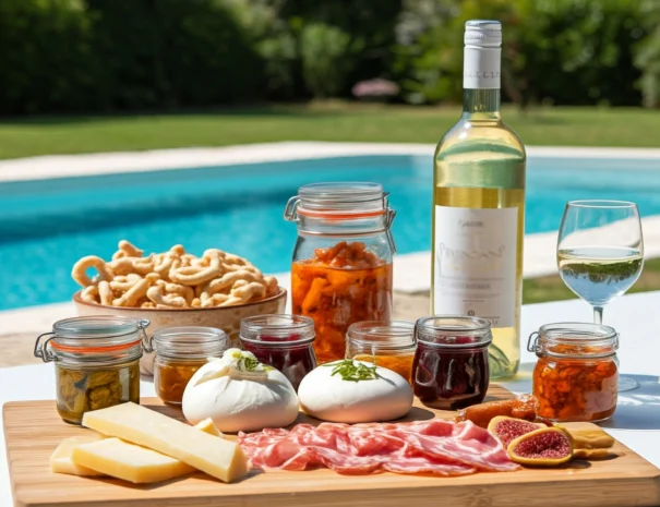 Formaggi pugliesi, confetture e vino bianco per una degustazione a bordo piscina a Villa Agapanthus