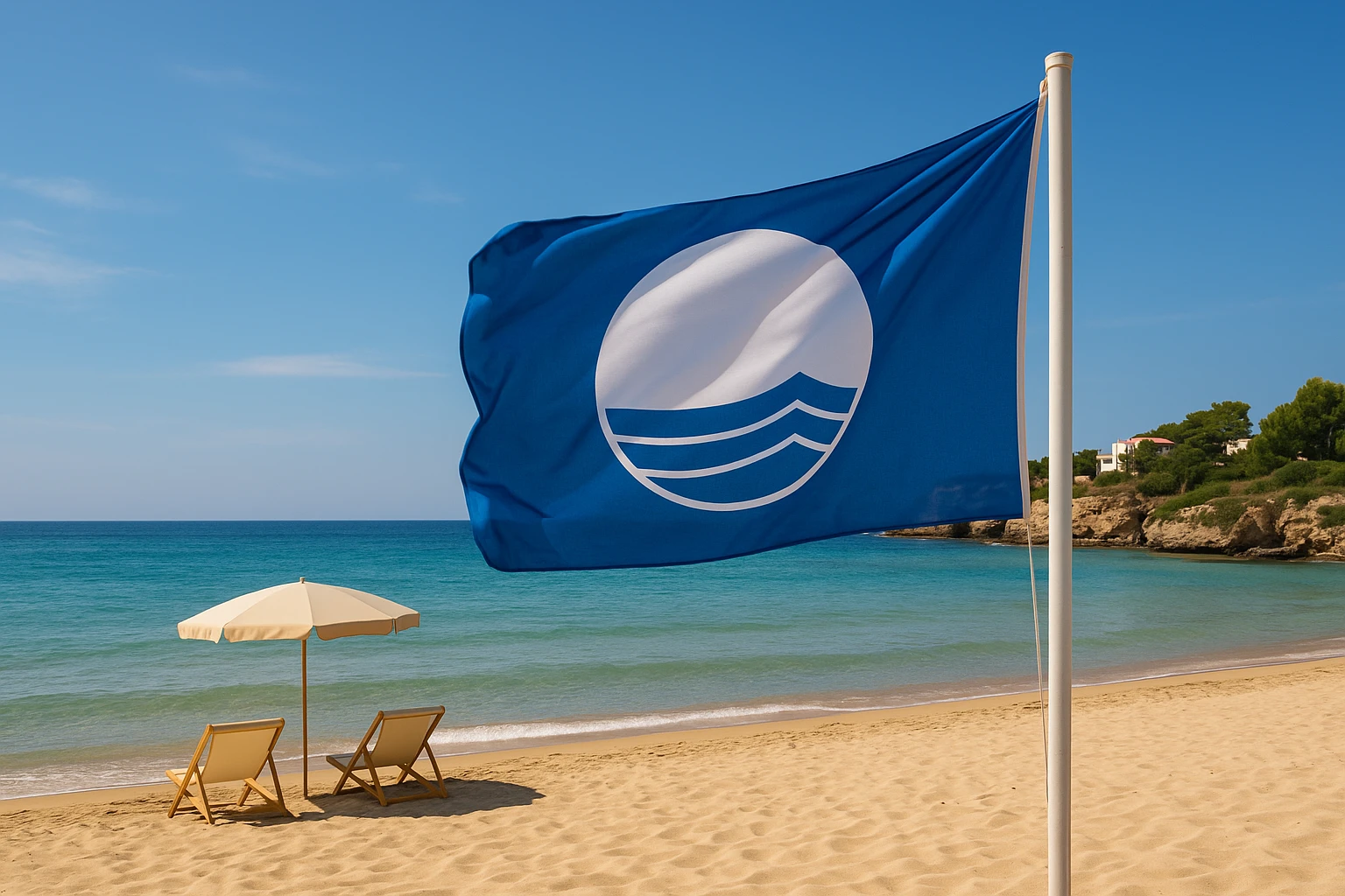 Bandiera Blu sulla spiaggia in Puglia, simbolo di qualità ambientale 2025