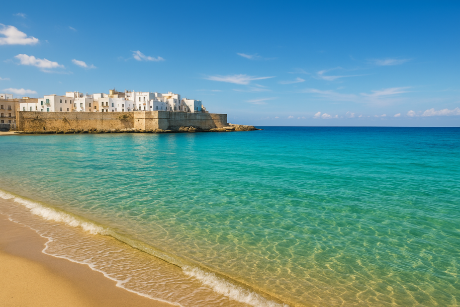 Spiaggia dorata e mare limpido a Monopoli con le case bianche sullo sfondo