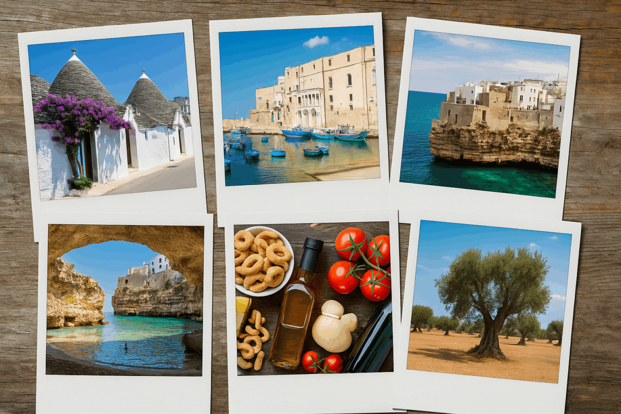 Sei foto Polaroid della Puglia con trulli, prodotti tipici, ulivi e mare cristallino a Monopoli