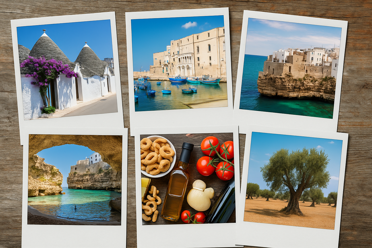 Sei foto Polaroid della Puglia con trulli, prodotti tipici, ulivi e mare cristallino a Monopoli