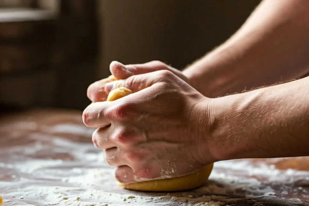Mani che impastano pasta fresca in una cucina pugliese