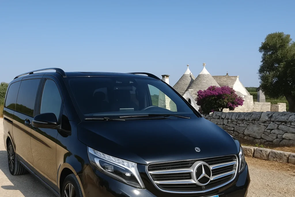 Minivan Mercedes-Benz V-Class parcheggiato accanto ai trulli pugliesi, ideale per transfer villa
