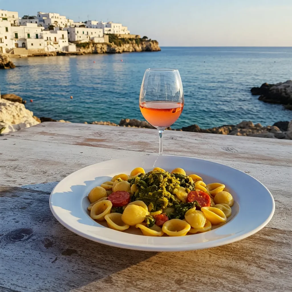 Orecchiette con cime di rapa e vino rosato con vista mare a Monopoli