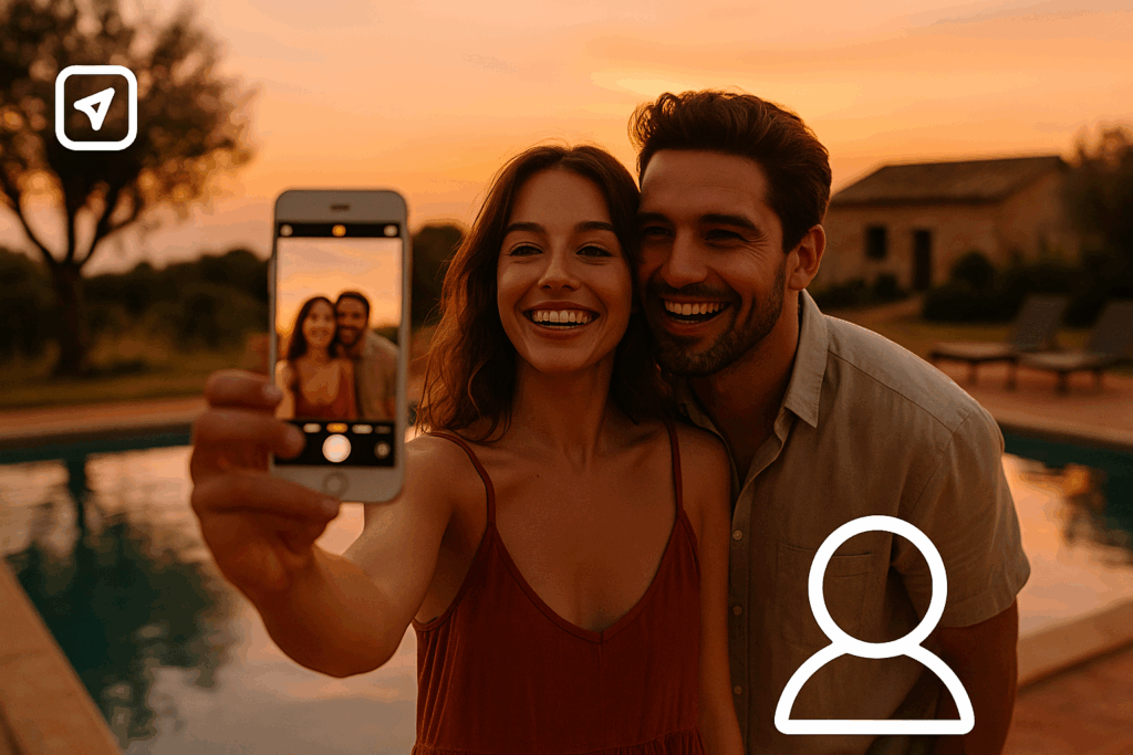Coppia che si scatta un selfie al tramonto a bordo piscina in una villa in Puglia, atmosfera romantica e autentica