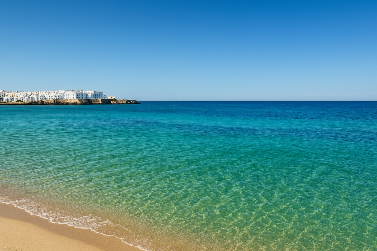 Spiaggia di Monopoli con mare cristallino e vista sul centro storico