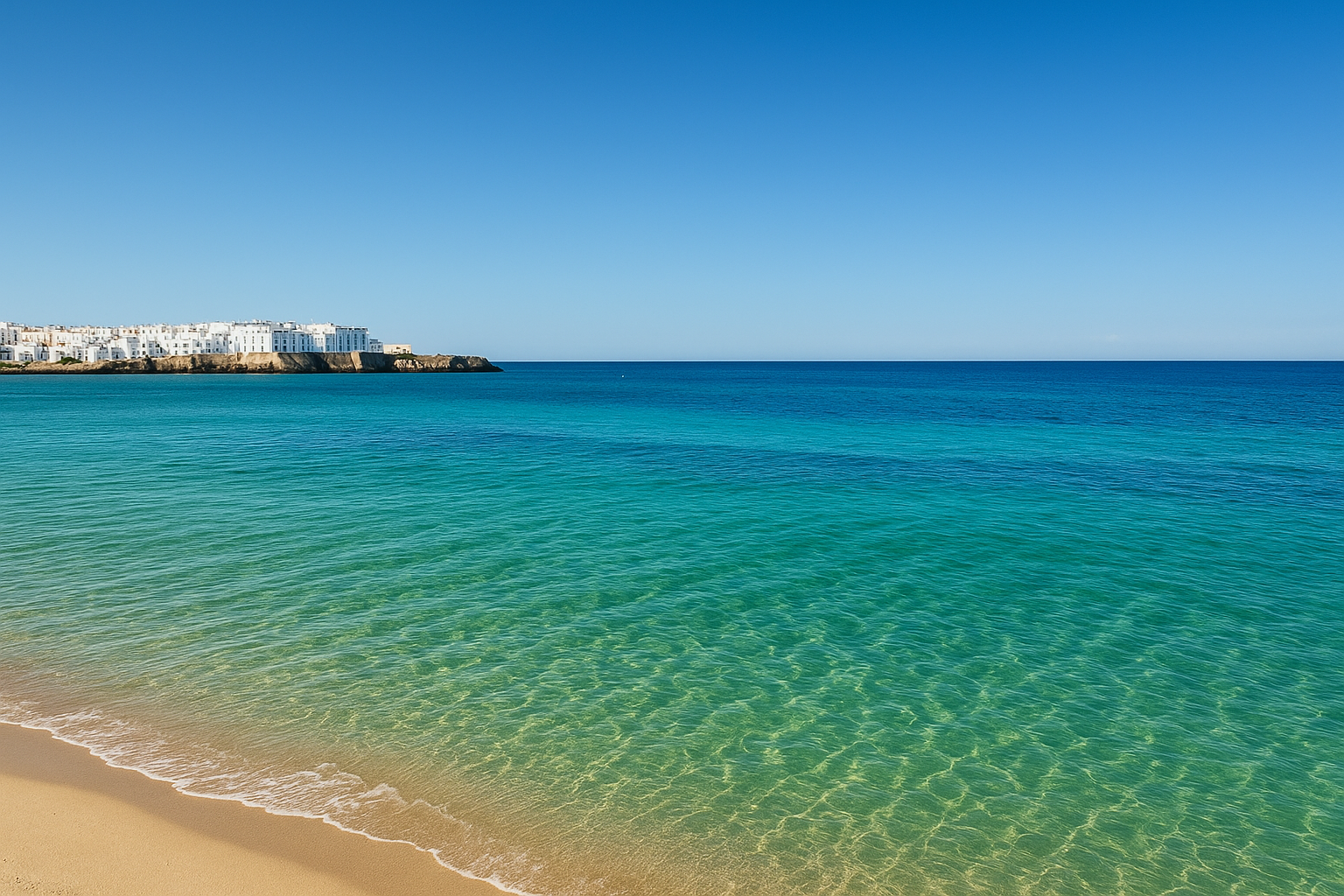 Monopoli beach with crystal-clear sea and view of the old town