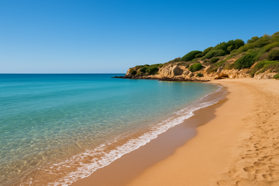 Spiaggia pugliese con sabbia dorata, mare calmo e scogliera verde