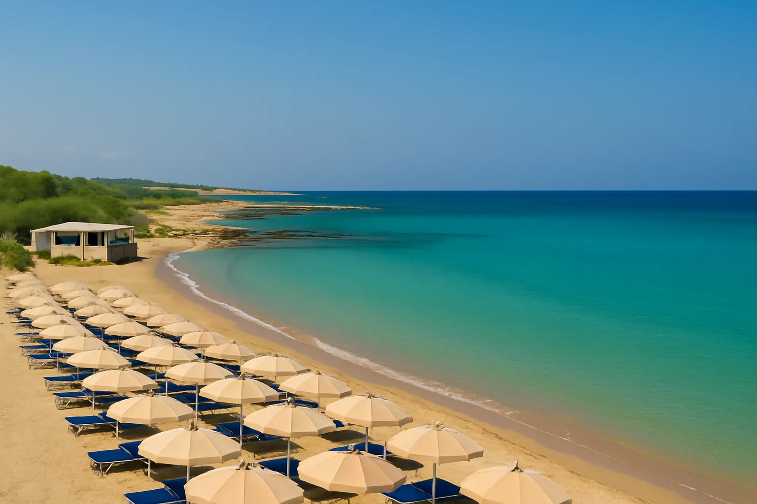 Spiaggia pugliese con ombrelloni e mare cristallino