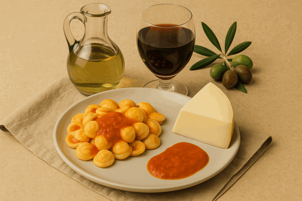 Piatto di orecchiette con salsa, ricotta forte, olio d’oliva pugliese e bicchiere di vino Primitivo su sfondo rustico