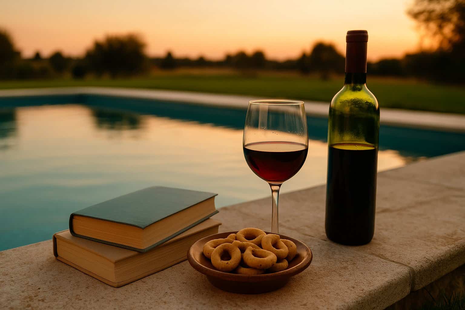 Books, wine and taralli by the pool at sunset in a private villa in Monopoli